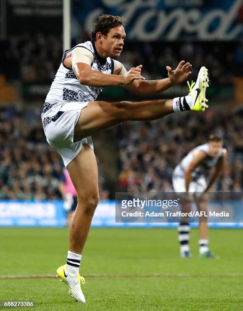 Steven Motlop of the Cats kicks a goal during the 2017 AFL round 10 match between the Geelong Cats and Port Adelaide Power at Simonds Stadium on May...