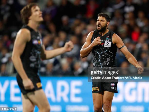 Paddy Ryder of the Power celebrates a goal during the 2017 AFL round 10 match between the Geelong Cats and Port Adelaide Power at Simonds Stadium on...