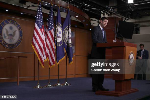 Speaker of the House Rep. Paul Ryan speaks during a weekly news briefing May 25, 2017 on Capitol Hill in Washington, DC. Speaker Ryan took questions...