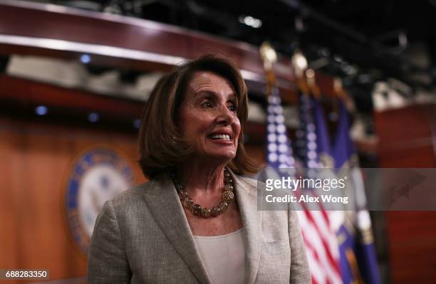 House Minority Leader Rep. Nancy Pelosi leaves after a weekly news briefing May 25, 2017 on Capitol Hill in Washington, DC. Pelosi held her weekly...