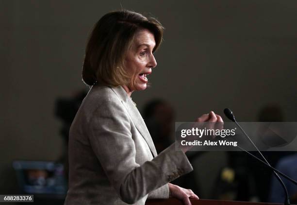 House Minority Leader Rep. Nancy Pelosi speaks during a weekly news briefing May 25, 2017 on Capitol Hill in Washington, DC. Pelosi held her weekly...