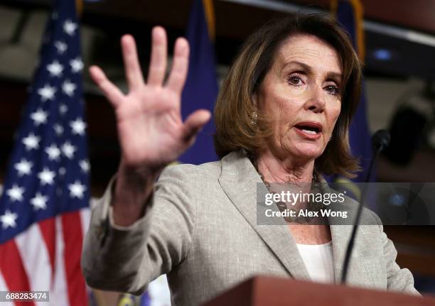 House Minority Leader Rep. Nancy Pelosi speaks during a weekly news briefing May 25, 2017 on Capitol Hill in Washington, DC. Pelosi held her weekly...