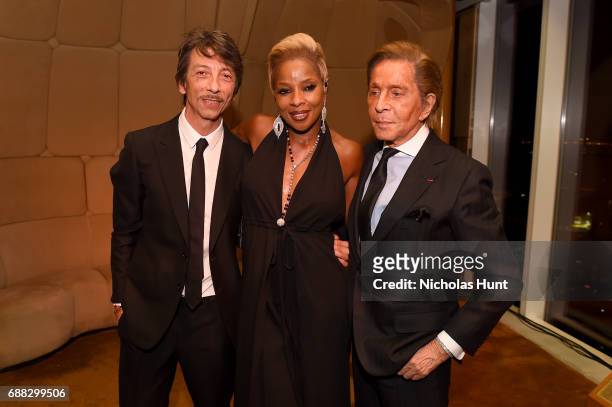 Pierpaolo Piccioli, Mary J. Blige and Valentino Garavani attend the Valentino Resort 2018 Runway Show After Party at the Boom Boom Room on May 23,...