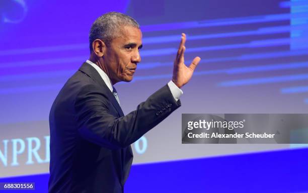 Former US president Barack Obama is seen during the German Media Award 2016 at Kongresshaus on May 25, 2017 in Baden-Baden, Germany. The German Media...