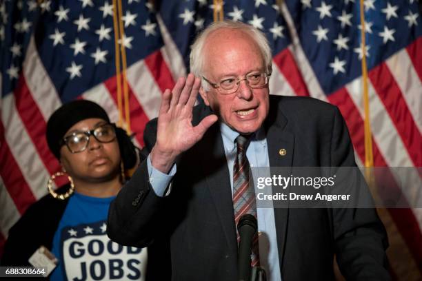 Sen. Bernie Sanders speaks during a press conference to discuss legislation for a 15 dollar minimum wage, on Capitol Hill, May 25, 2017 in...