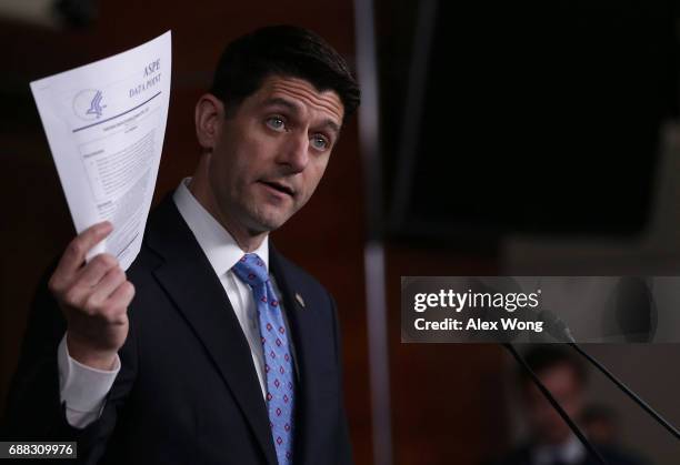 Speaker of the House Rep. Paul Ryan holds up a Department of Health and Human Services report on "Individual Market Premium Changes: 2013 - 2017"...