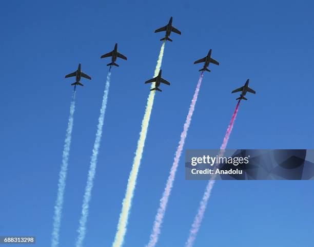 Planes of NATO perform a flypast during the NATO summit at the NATO headquarters, in Brussels, Belgium on May 25, 2017.