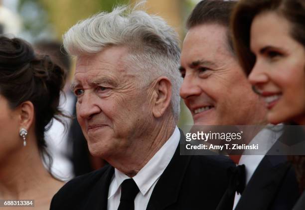 Director David Lynch, actor Kyle MacLachlan and Desiree Gruber attends the "Twin Peaks" screening during the 70th annual Cannes Film Festival at...