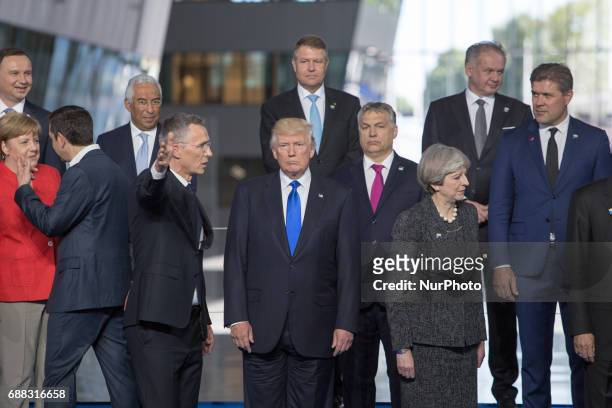 President Donald Trump arrives at EU headquarters ahead of a meeting with European Council President, as part of the NATO meeting, in Brussels, on...