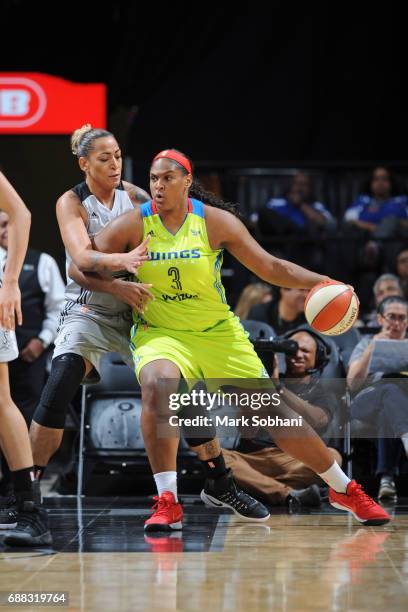 Courtney Paris of the Dallas Wings drives to the basket against the San Antonio Stars on May 25, 2017 at the AT&T Center in San Antonio, Texas. NOTE...