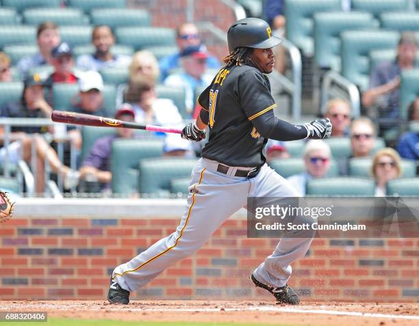 Gift Ngoepe of the Pittsburgh Pirates singles to knock in a second inning run against the Atlanta Braves at SunTrust Park on May 25, 2017 in Atlanta,...