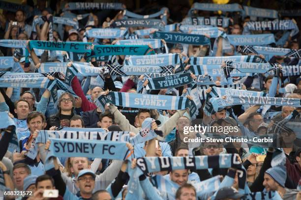 Sydney FC fans show their support during the 2017 A-League Grand Final match between Sydney FC and the Melbourne Victory at Allianz Stadium on May 7,...