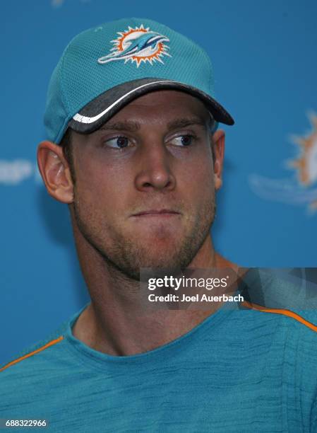 Ryan Tannehill of the Miami Dolphins talks to the media after the teams OTA's on May 25, 2017 at the Miami Dolphins training facility in Davie,...