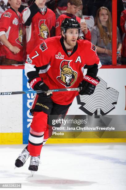 Kyle Turris of the Ottawa Senators skates during warmups prior to a game against the Pittsburgh Penguins in Game Six of the Eastern Conference Final...