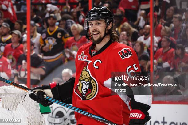 Erik Karlsson of the Ottawa Senators looks on against the Pittsburgh Penguins in Game Six of the Eastern Conference Final during the 2017 NHL Stanley...