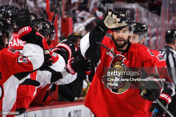 Clarke MacArthur of the Ottawa Senators celebrates a third period goal by teammate Mike Hoffman against the Pittsburgh Penguins in Game Six of the...