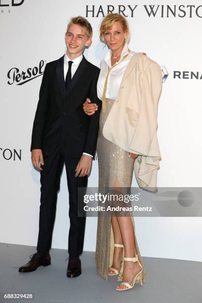 Levon Roan Thurman-Hawke and actress Uma Thurman arrive at the amfAR Gala Cannes 2017 at Hotel du Cap-Eden-Roc on May 25, 2017 in Cap d'Antibes,...