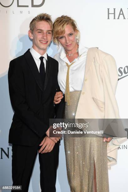 Uma Thurman and her son Levon Roan Thurman-Hawke arrive at the amfAR Gala Cannes 2017 at Hotel du Cap-Eden-Roc on May 25, 2017 in Cap d'Antibes,...