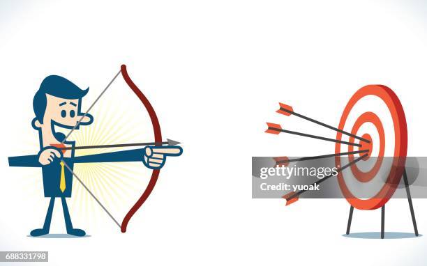 shooting on bull's-eye of target. - bow arrow stock illustrations