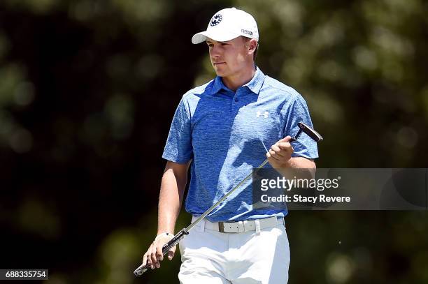 Jordan Spieth prepares to putt on the second green during Round One of the DEAN & DELUCA Invitational at Colonial Country Club on May 25, 2017 in...