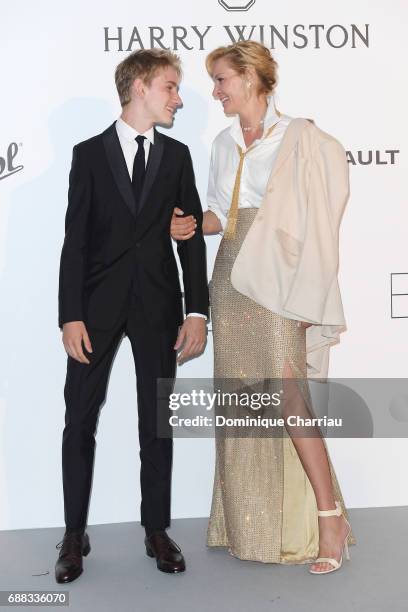 Uma Thurman and her son Levon Roan Thurman-Hawke arrive at the amfAR Gala Cannes 2017 at Hotel du Cap-Eden-Roc on May 25, 2017 in Cap d'Antibes,...