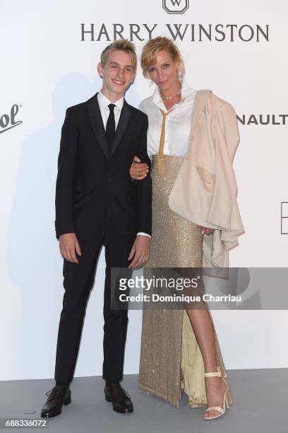Uma Thurman and her son Levon Roan Thurman-Hawke arrive at the amfAR Gala Cannes 2017 at Hotel du Cap-Eden-Roc on May 25, 2017 in Cap d'Antibes,...
