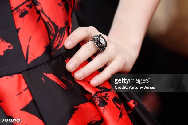 Sarah Barzyk, jewellery detail, attends the "Twin Peaks" screening during the 70th annual Cannes Film Festival at Palais des Festivals on May 25,...