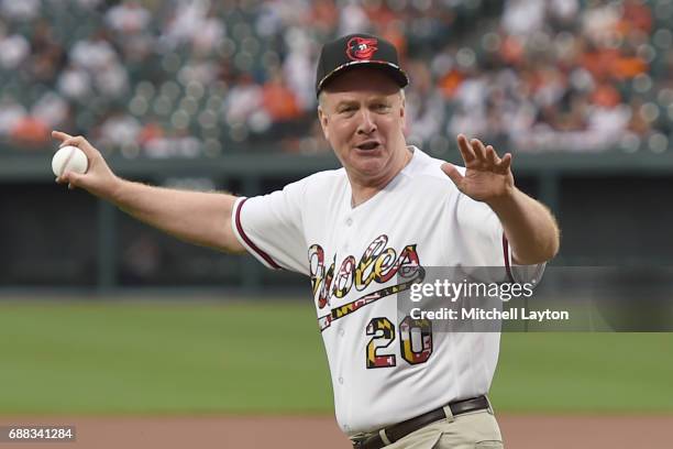 Maryland Senator Chris Van Hollen prepares to throw out the first pitch during a baseball game between the Baltimore Orioles and the Toronto Blue...