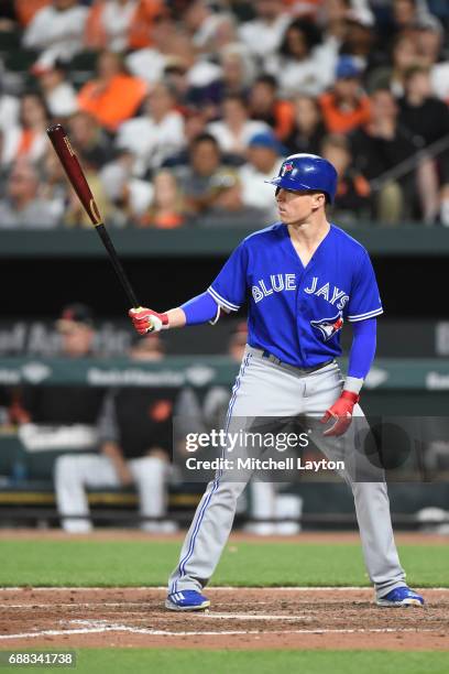 Chris Coghlan of the Toronto Blue Jays prepares for a pitch a baseball game against the Baltimore Orioles at Oriole Park at Camden Yards on May 20,...