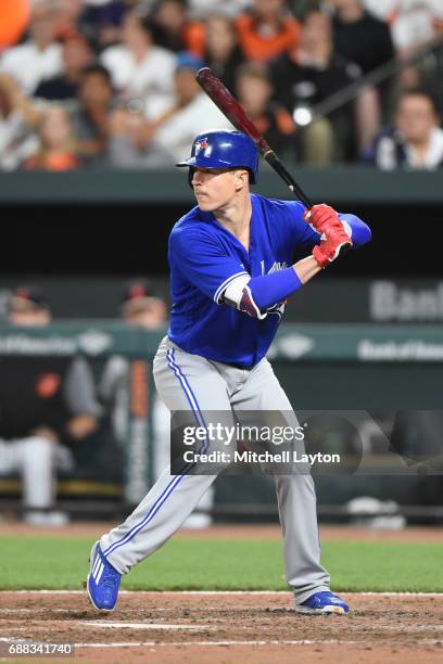 Chris Coghlan of the Toronto Blue Jays prepares for a pitch a baseball game against the Baltimore Orioles at Oriole Park at Camden Yards on May 20,...