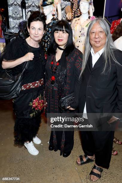 Odette Gleeson, Anna Sui and John Rocha attend the World of Anna Sui Exhibition : Private View at the Fashion and Textile Museum on May 25, 2017 in...