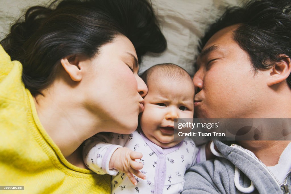 Parents kissing baby