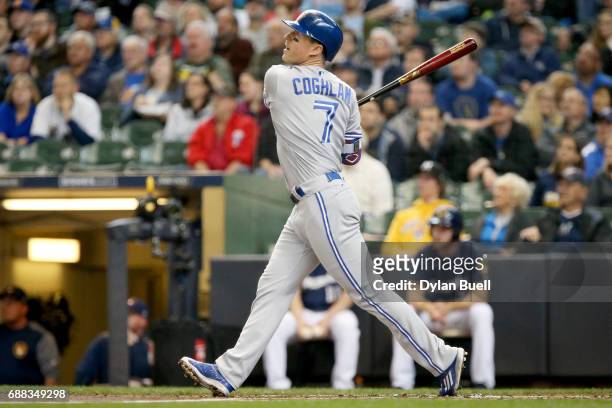 Chris Coghlan of the Toronto Blue Jays flies out in the second inning against the Milwaukee Brewers at Miller Park on May 24, 2017 in Milwaukee,...