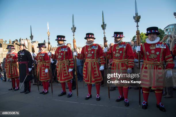 Yeomen Warders also known as Beefeaters from the Tower of London Beating the Bounds on 25th May 2017 in London, United Kingdom. Beating the Bounds is...