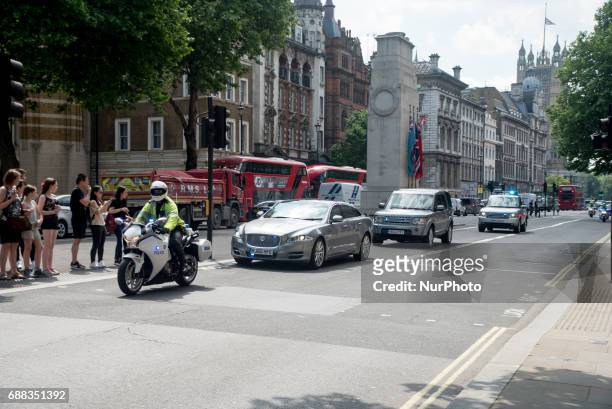 British Prime Minister, Theresa May, and Foreign Secretary, Boris Johnson, leave Downing Street, to attend the NATO summit in Brussels, London on May...