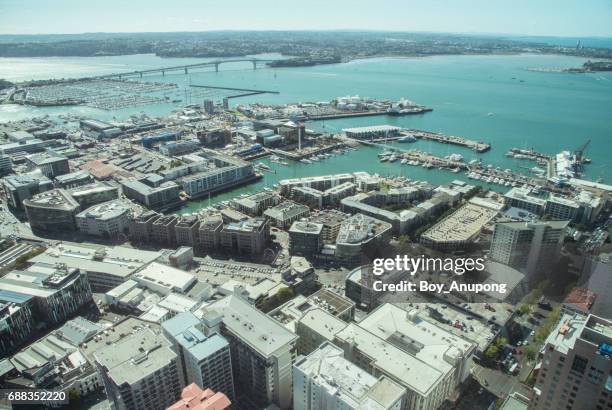auckland cityscape with viaduct harbour view from the top of sky tower - viaduct harbour fotografías e imágenes de stock