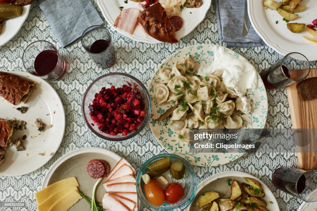 Dining table with Russian dishes