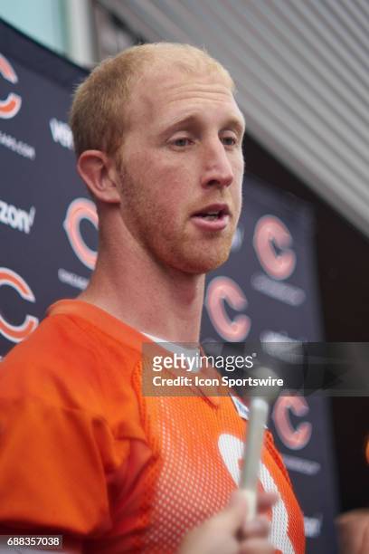 Chicago Bears quarterback Mike Glennon answers questions from the media after team OTA workouts on May 23, 2017 at Halas Hall, in Lake Forest, IL.