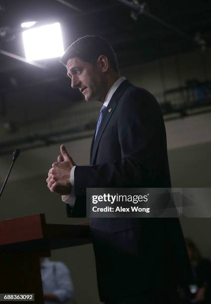 Speaker of the House Rep. Paul Ryan speaks during a weekly news briefing May 25, 2017 on Capitol Hill in Washington, DC. Speaker Ryan took questions...