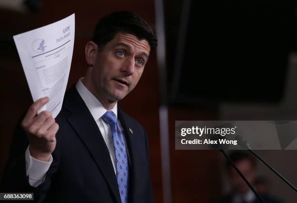 Speaker of the House Rep. Paul Ryan holds up a Department of Health and Human Services report on "Individual Market Premium Changes: 2013 - 2017"...