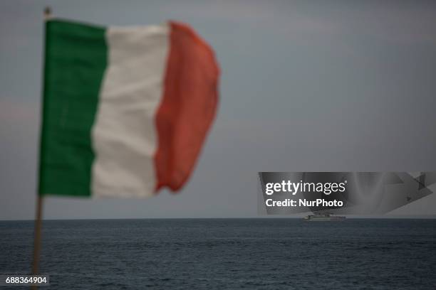 Italian police patrol a beach close to the Media Center at Giardini Naxos near by the Sicilian town of Taormina, southern Italy,on May 25, 2017 ahead...