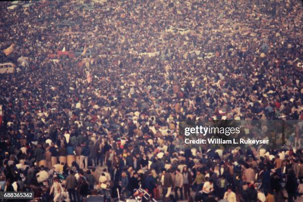 Pictured later in the day, the increasingly packed together crowd at the Altamont Speedway for the free concert to be headlined by the Rolling Stones.