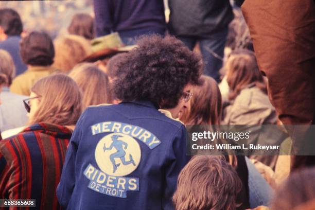 Motorcyclist wearing his "colors" in the audience at the Altamont Speedway prior to the free concert headlined by the Rolling Stones.