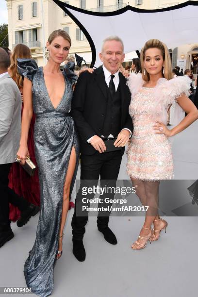 Angela Lindvall, Jean-Paul Gaultier and Rita Ora arrive at the amfAR Gala Cannes 2017 at Hotel du Cap-Eden-Roc on May 25, 2017 in Cap d'Antibes,...
