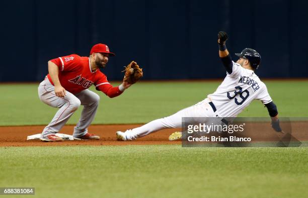 Kevin Kiermaier of the Tampa Bay Rays steals second base ahead of second baseman Danny Espinosa of the Los Angeles Angels of Anaheim during the...