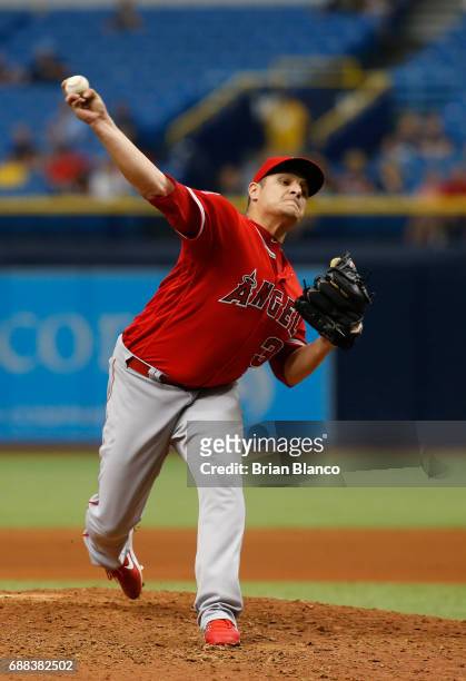 David Hernandez of the Los Angeles Angels of Anaheim pitches during the eighth inning of a game against the Tampa Bay Rays on May 25, 2017 at...