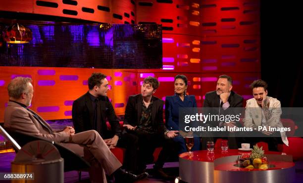 Host Graham Norton, Ed Westwick, James Buckley, Salma Hayek, David Walliams and Liam Payne during the filming of the Graham Norton Show at the London...