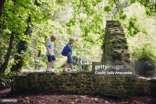 children walking along a wall - balancieren mauer stock-fotos und bilder