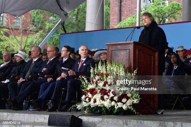 Harvard Unversity President Drew Faust speaks at the Alumni Exercises at Harvard's 366th commencement exercises on May 25, 2017 in Cambridge,...