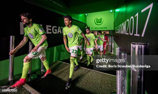 Players of VfL Wolfsburg enter the pitch for the second half during the Bundesliga Playoff Leg 1 match between VfL Wolfsburg and Eintracht...